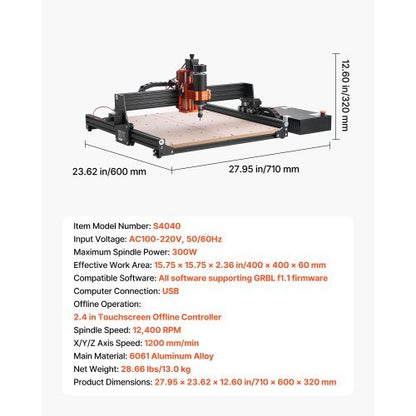 CNC Router Machine, 300W Spindle, 3-Axis Wood Engraving Milling Machine, with 15.75 x 15.75 x 2.36 in Working Area, Offline Controller, Aluminum Alloy Structure, for Wood Acrylic Carving Cutting