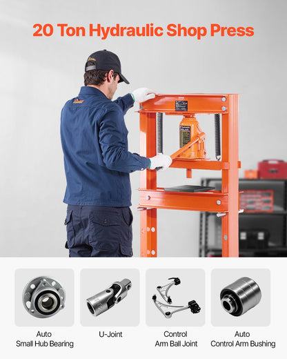 Hydraulic Shop Press, 20 T H-Frame Shop Press with Press Plate & Triangular Support, Stable Garage Floor Adjustable Hydraulic Press with Relief Valve, Fit for Bending, Straightening & Stamping