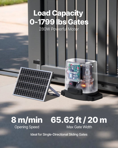 Solar Sliding Gate Opener, 280W Electric Gate Opener for Doors up to 65.6ft 1799lbs, Gear Track Rolling Fence Door Motor with Infrared Sensor & 2 Remote Controls, Driveway Gates Opening System
