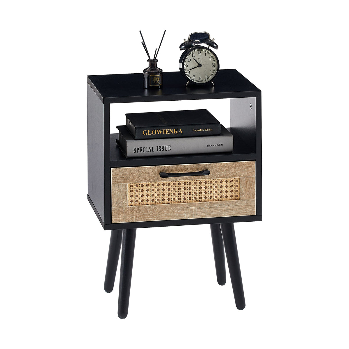 15.75" Rattan End table with drawer and solid wood legs Modern nightstand side table for living room black