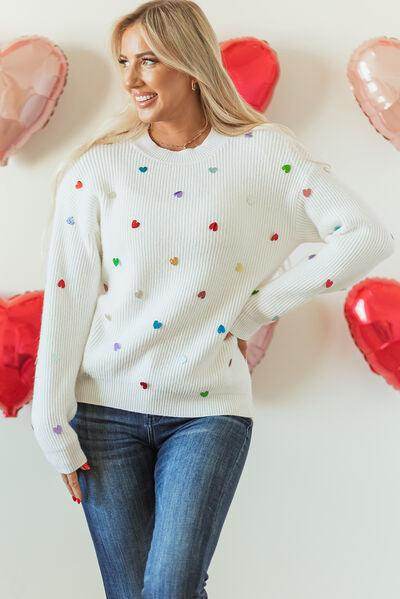 Heart Sequin Round Neck Long Sleeve Sweater for Women