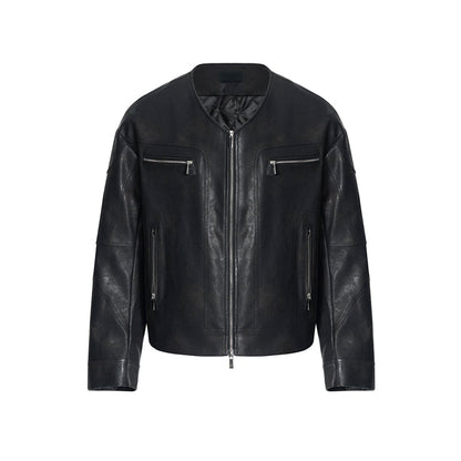 Niche V-neck Zipper Design Leather Coat For Men