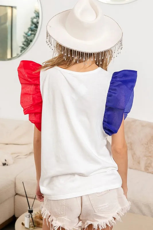 BiBi USA Theme Color Block Organza Ruffle Sleeve Top