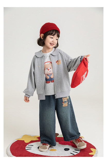 Cute Bear-Print Wide-Leg Stretch-Waist Casual Denim Pants For Kids