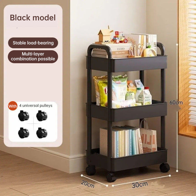 White rolling storage cart. Multifunctional, open shelves for books, ideal for kitchen & bedroom storage