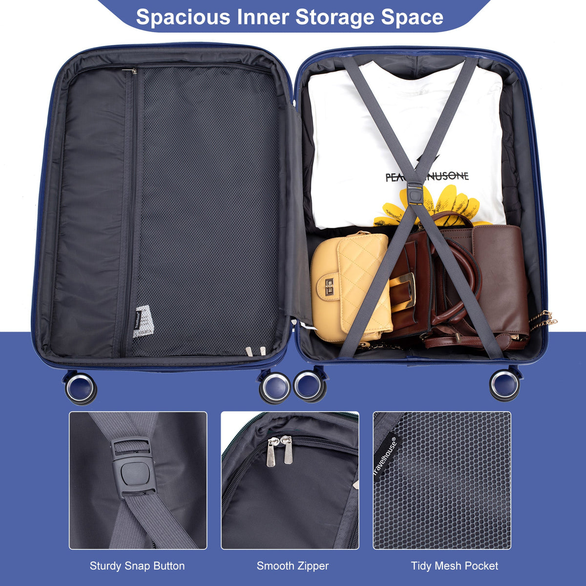 Expandable Hardshell Suitcase Double Spinner Wheels PP Luggage Sets Lightweight Durable ,3-Piece Set (20/24/28) ,Navy