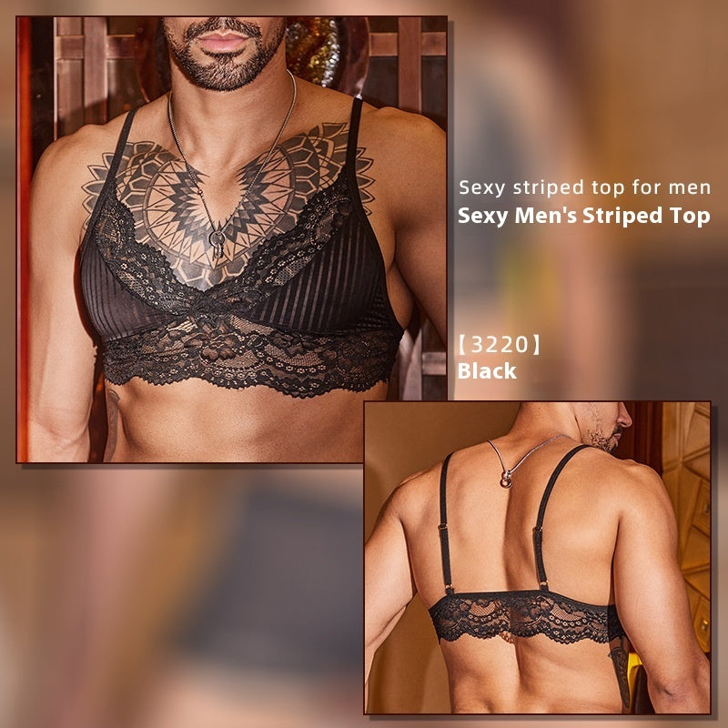 New Men's Lace Top See-through Striped Underpants