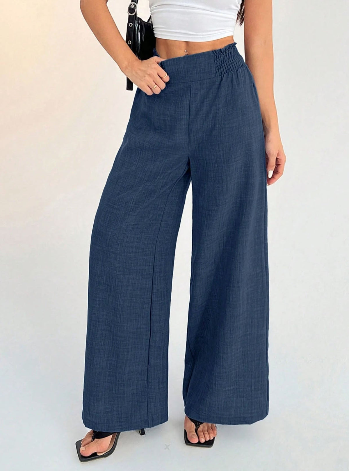 Women's Solid Color Smocked Elastic Wide Leg Pants, Casual Fashion Loose Long Trousers