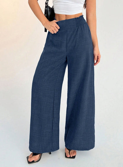 Women's Solid Color Smocked Elastic Wide Leg Pants, Casual Fashion Loose Long Trousers