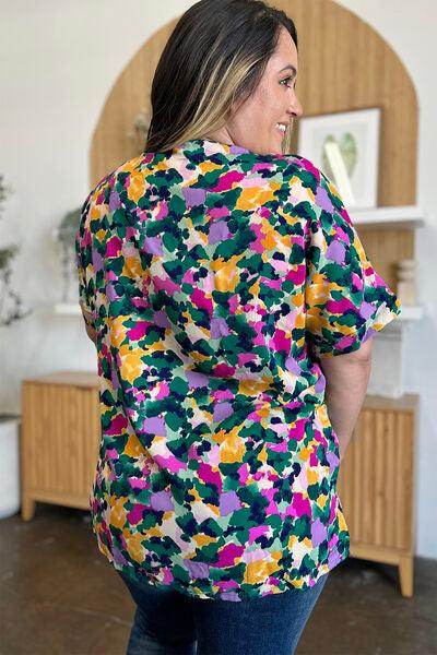 Double Take Full Size Printed V-Neck Short Sleeve Top