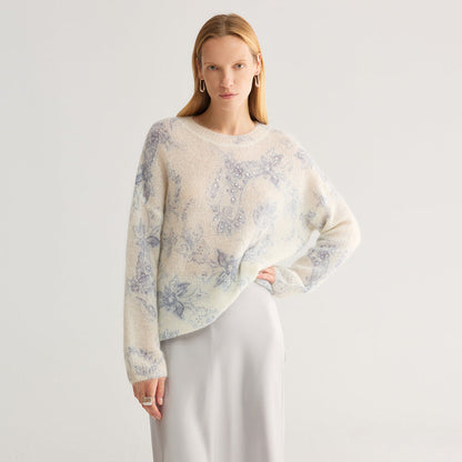 Rhinestone Embellished Floral Mohair-Blend Pullover Sweater