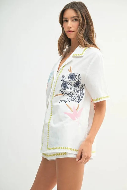 MABLE Embroidered Button Down Shirt and Shorts Set