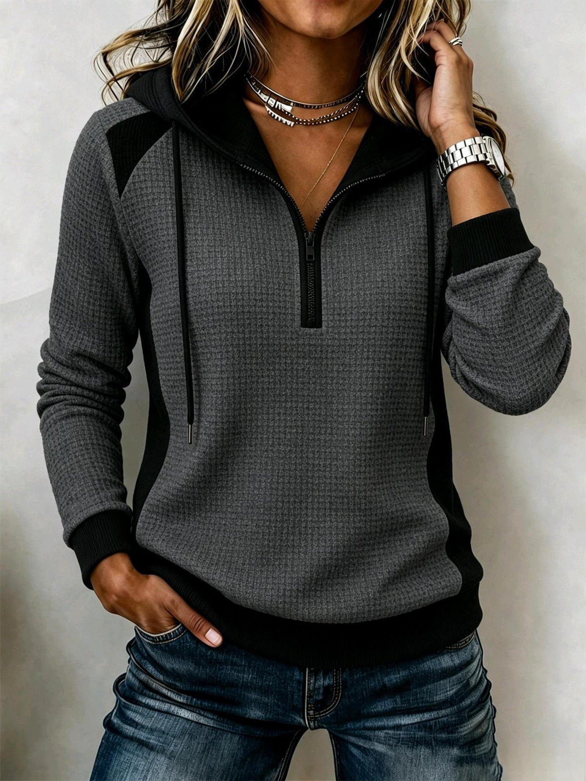 Women's Waffle-knit Half-zip Hooded Sweatshirt
