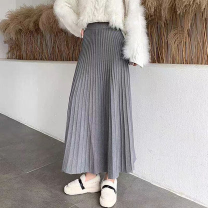 Pleated Knit Skirt AutumnWinter High-Waisted Stretchy Hip-Covering Long Flared Style
