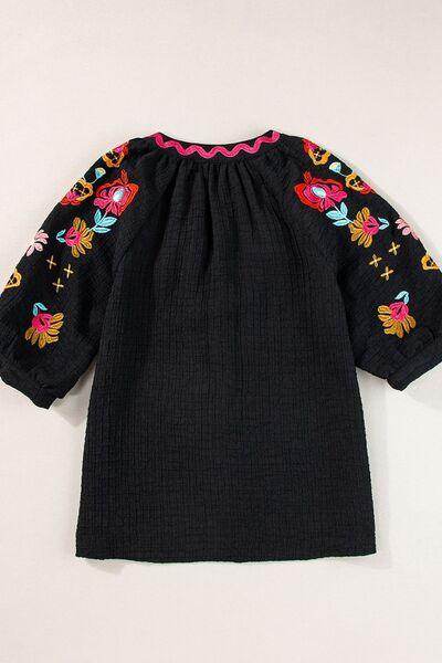 Floral Embroidered Notched Puff Sleeve Blouse for Women