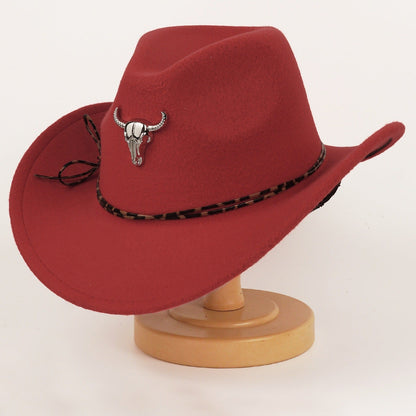 Western Cowboy Hat For Men And Women Metal Bull-Head Wool Cavalry Cap Top Hat