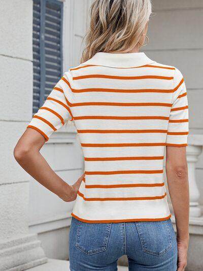 Striped Johnny Collar Short Sleeve Sweater for Women