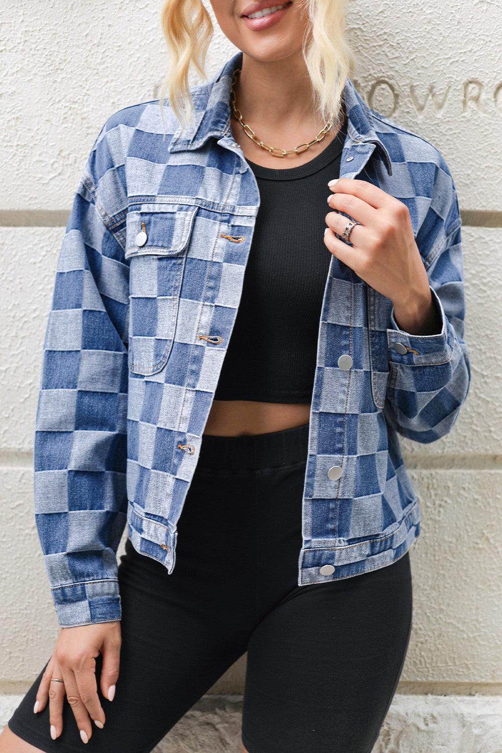 Checkered Button Up Long Sleeve Denim Jacket for Women
