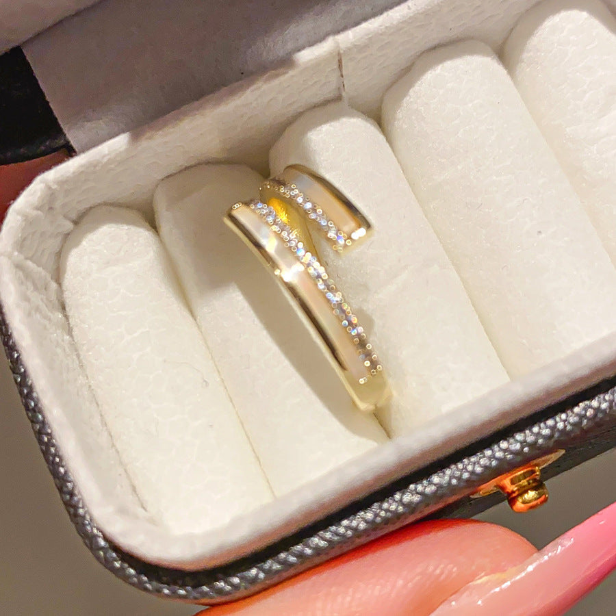 14k Real Gold Plated Zircon And Mother-of-pearl Double-layer Open Ring, Simple And Stylish Index Finger Ring, Light Luxury With A High-end Feel
