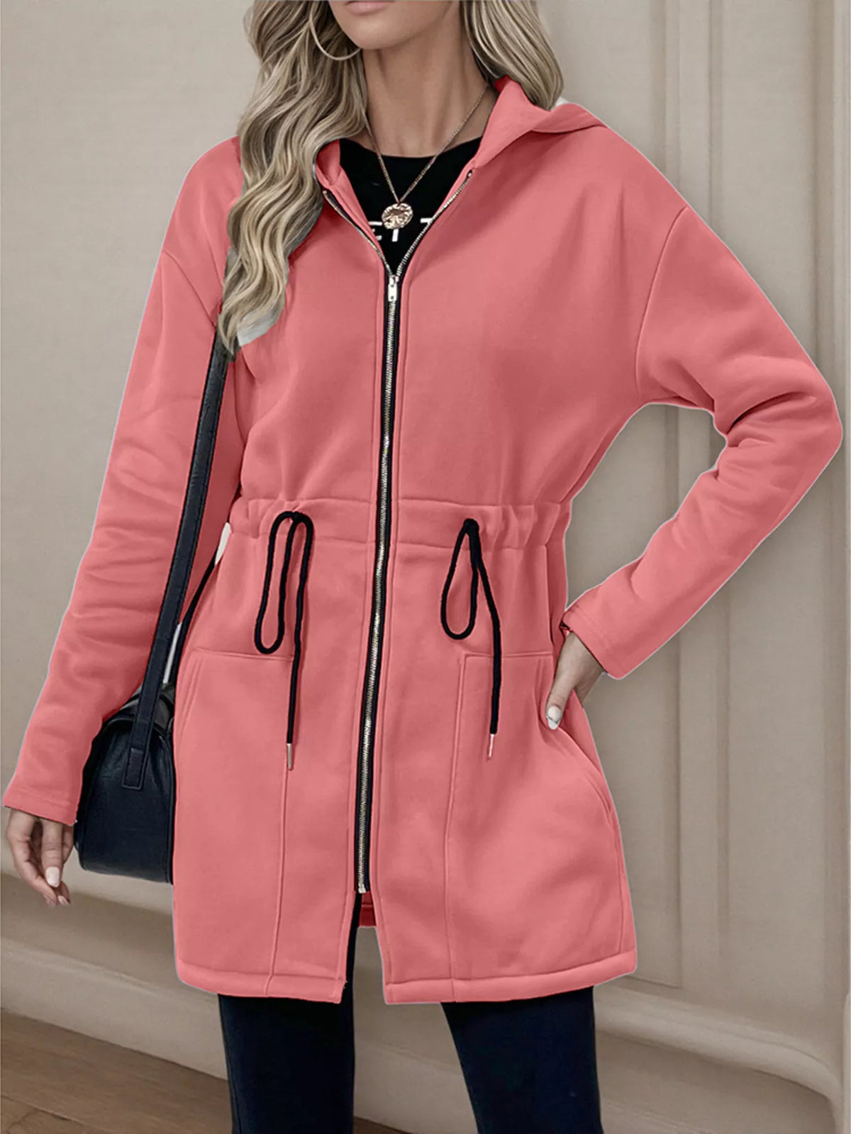 Drawstring Zip Up Hooded Outerwear