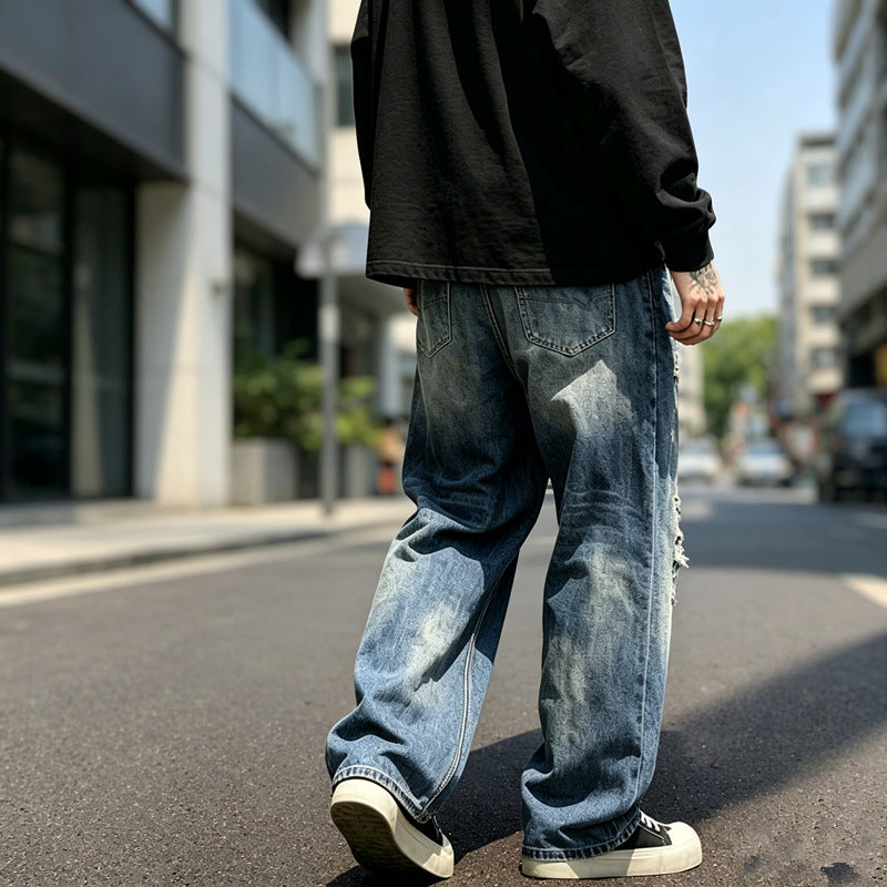Mens Distressed Washed Ripped Baggy Straight Leg Denim Jeans
