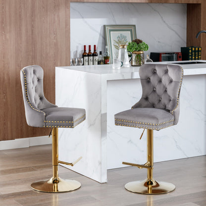Thick gold rotating velvet bar stool with adjustable seat height of 25-33 inches and backrest (gray, set of 2 pieces)