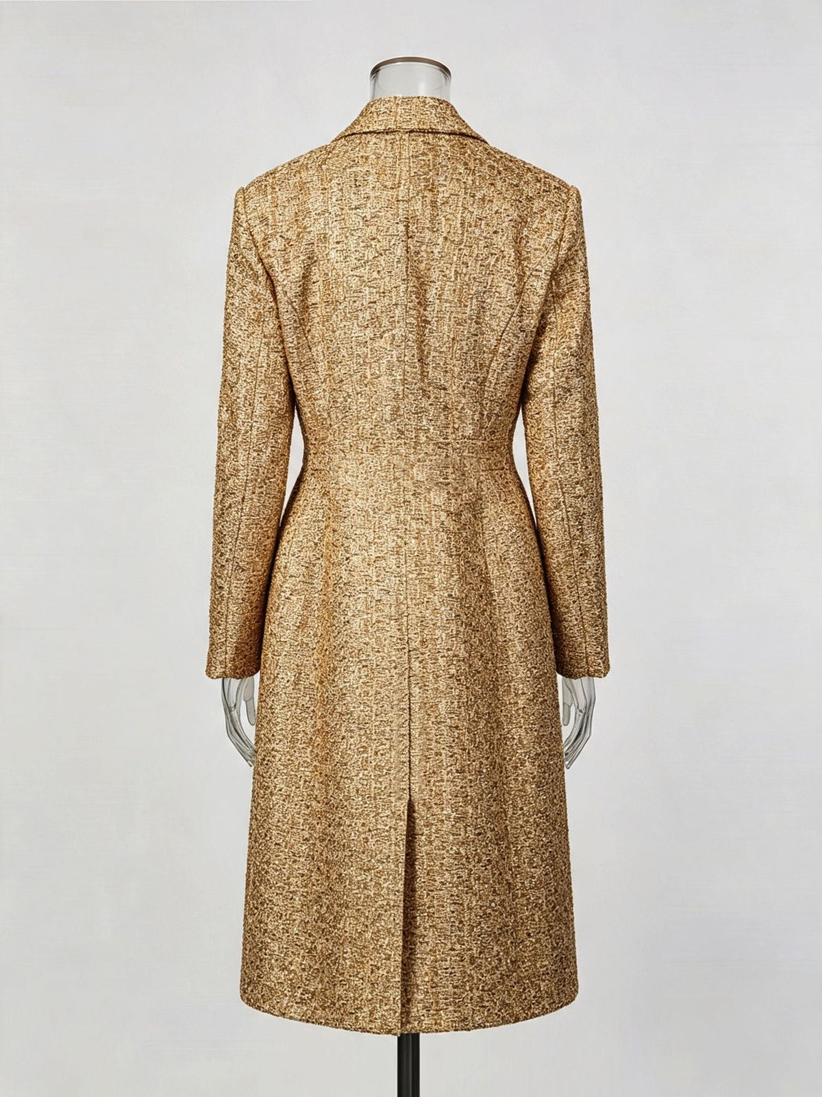 Double-Breasted Metallic Gold Tweed Long Coat