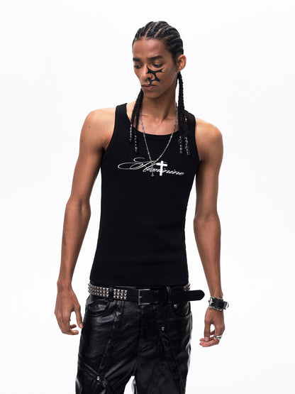 Cotton White Tank Top With Cross Print For Men
