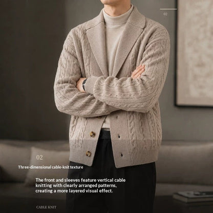 Men's Suit-collar Cable-knit Cardigan