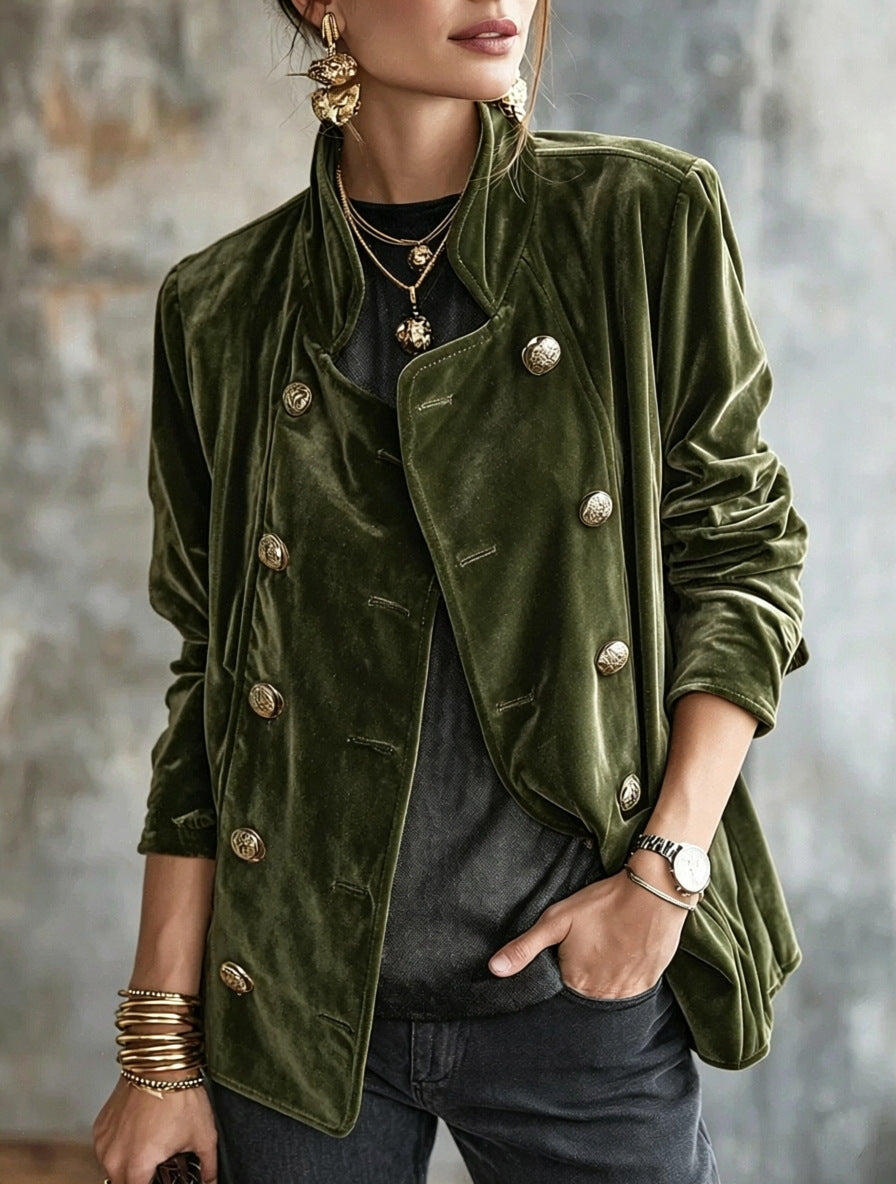 Vintage-chic Gold Velvet Coat For Women