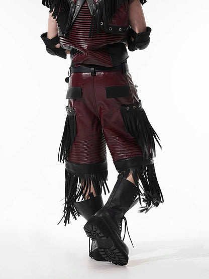 Deconstructed Design Red PU Leather Pants Male