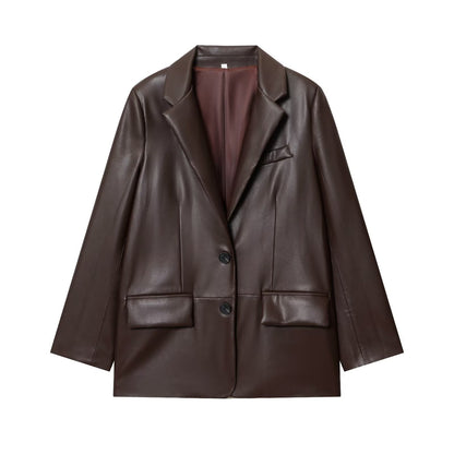 Simple Straight Leather Effect Blazer For Women
