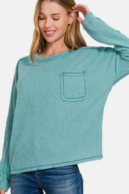Zenana Full Size Contrast Stitching Brushed Ribbed Hacci Knit Top Plus Size