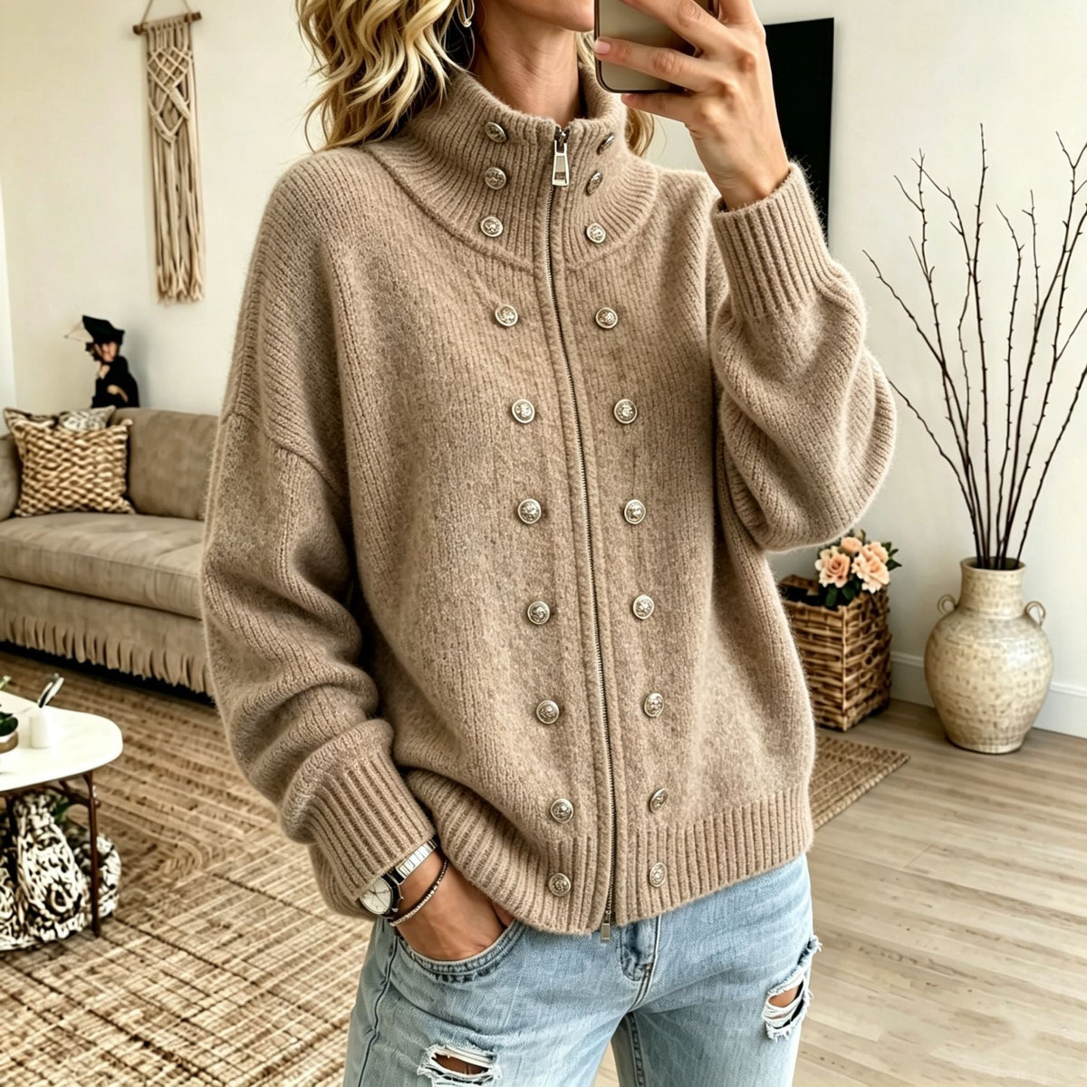 Women's Sweater Coat With Metal Buttons And Double Zippers