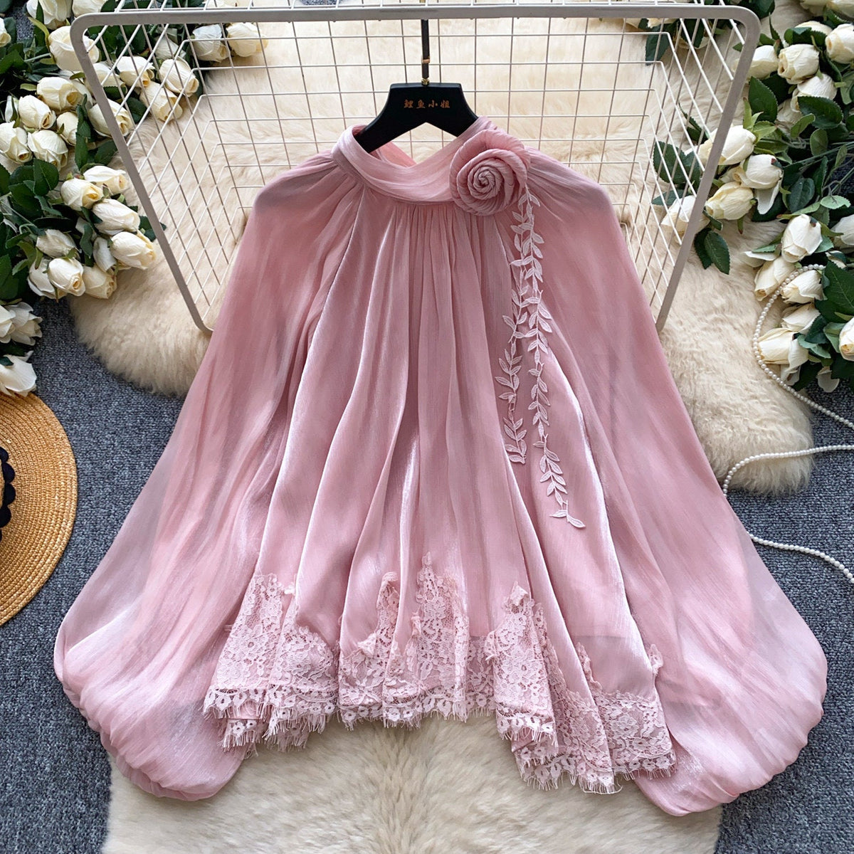 Women's Solid-Color French-Style 3D Floral Mesh Blouse