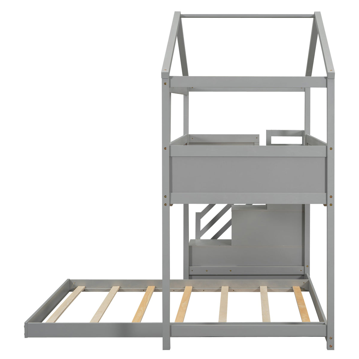 Twin over Full House Bunk Bed with Storage Staircase and Blackboard Gray