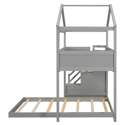 Twin over Full House Bunk Bed with Storage Staircase and Blackboard Gray