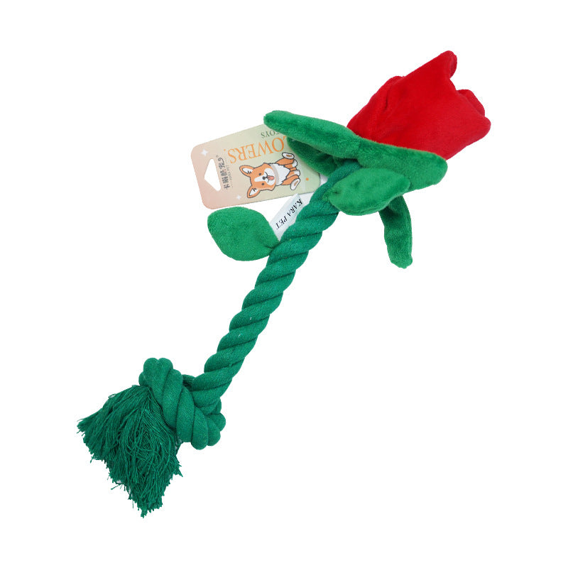 Dog Toy Rose Flower Plush Durable Biting Tooth Cleaning Cotton Rope Knot Crinkle Sound Self-Entertainment Interactive Pet Product