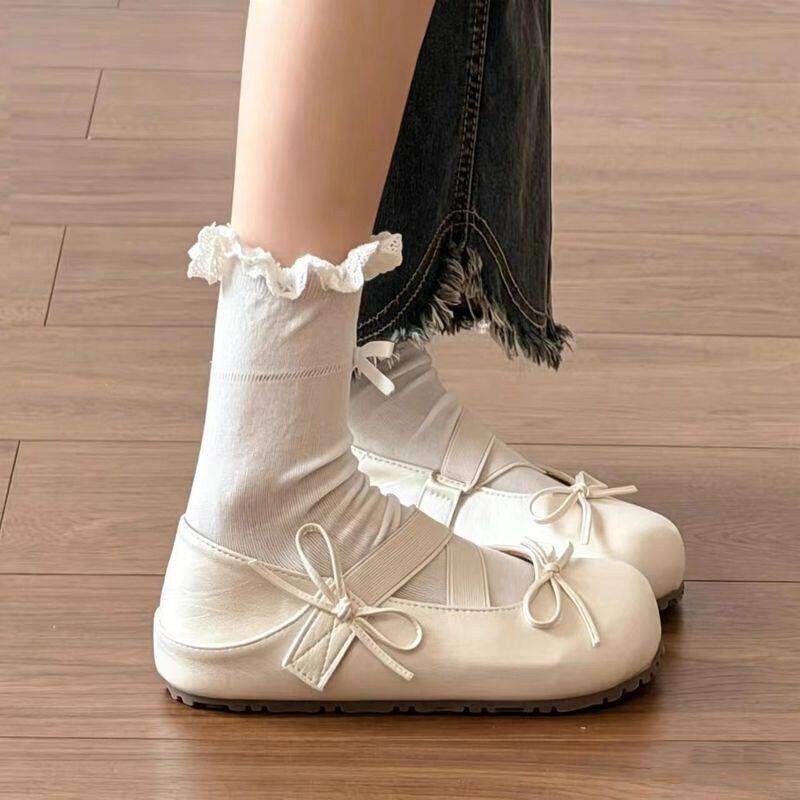 Women Elastic Crisscross Strap Tiny Bow Flats, Round Toe Lightweight Non-Slip Lug Platform Soft PU Leather Slip On Minimalist Casual Daily Student Lace Sock Matching Doll