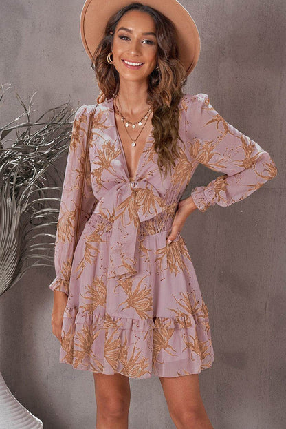 Floral Deep V Flounce Sleeve Mini Dress for Casual Chic