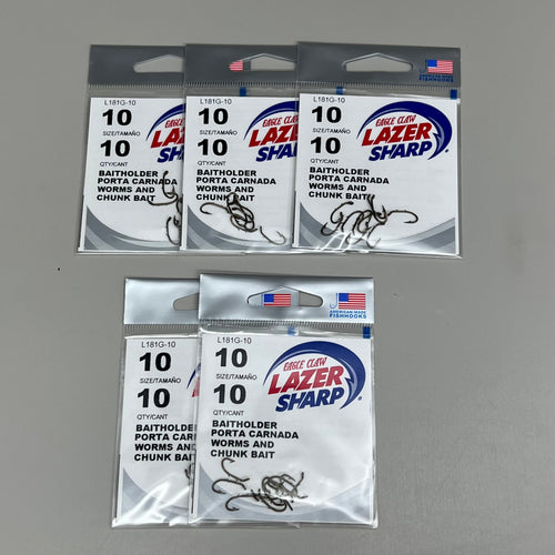 EAGLE CLAW (5 PACK) Sharp Worms & Chunk Baitholder Hook Bronze #10 10pc L181G-10