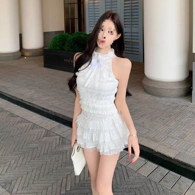 Bow-tie Off-shoulder Sleeveless Lace-panel Skirt Two-piece Set