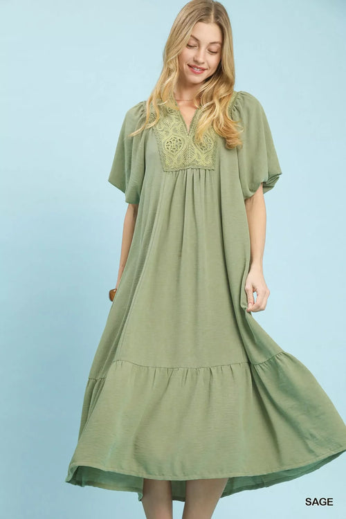 Umgee Puff Sleeve Midi Dress with Lace Detail