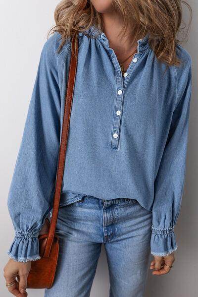 Half Button Long Sleeve Denim Top for Casual Style