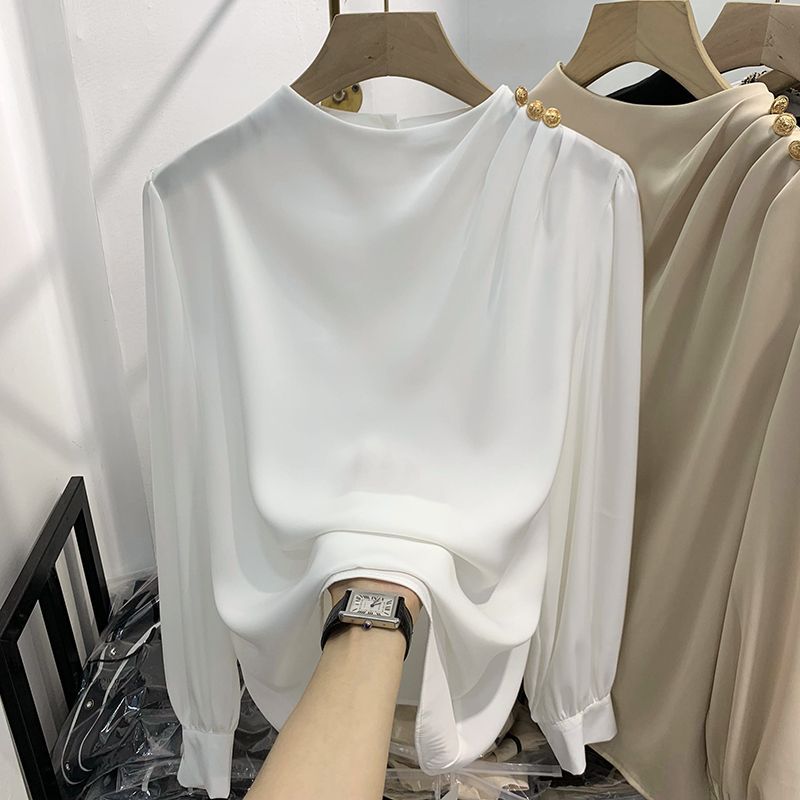 Shoulder-studded Beaded Pullover Long-sleeve Chiffon Blouse For Women