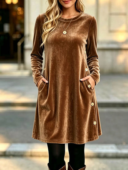 Womens Solid-color Velvet Long-sleeve Dress With Buttons