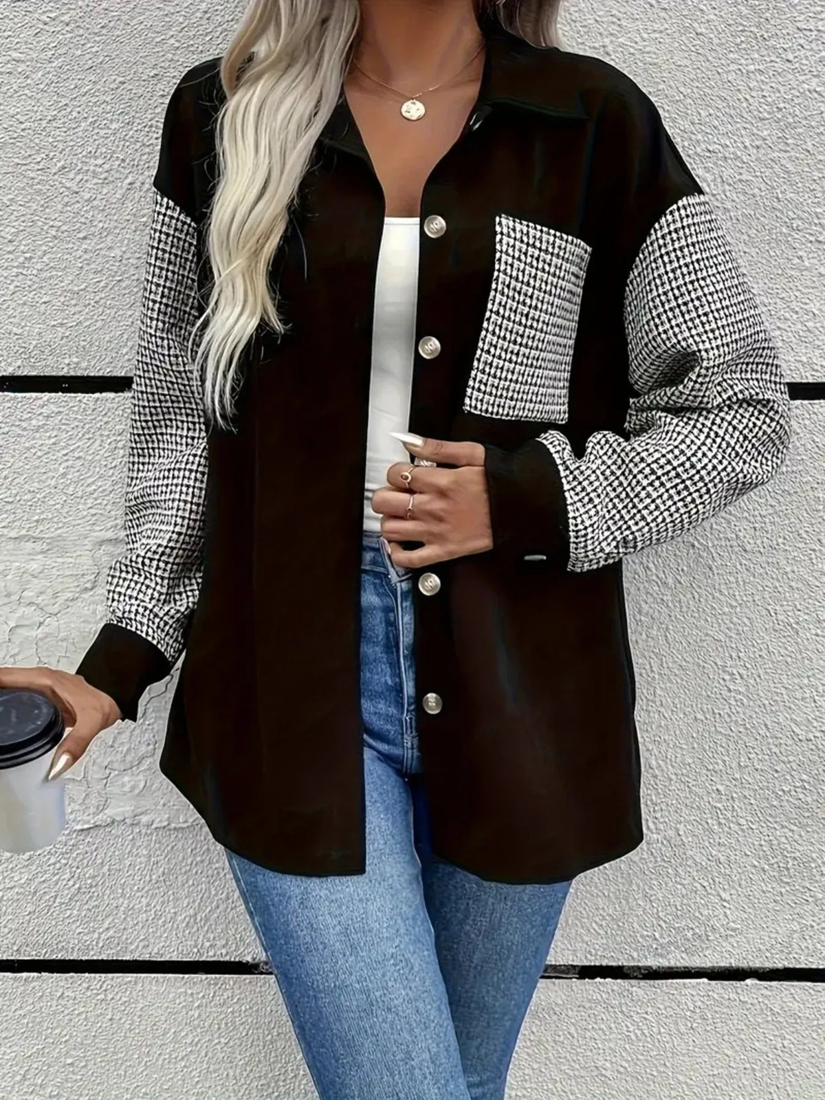 Houndstooth Contrast Button-Up Oversized Jacket