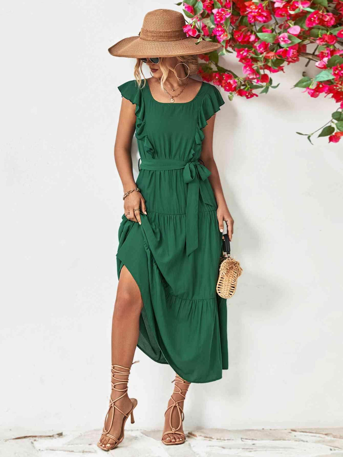 Tie Belt Ruffled Tiered Dress for Chic Midi Style