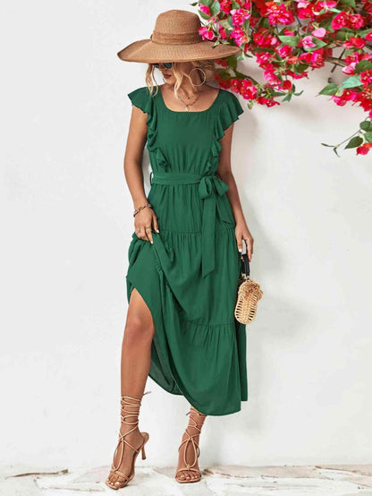 Tie Belt Ruffled Tiered Dress for Chic Midi Style