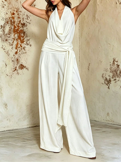 Sexy And Chic Backless Lace-up Halter Wide-leg Jumpsuit For Women